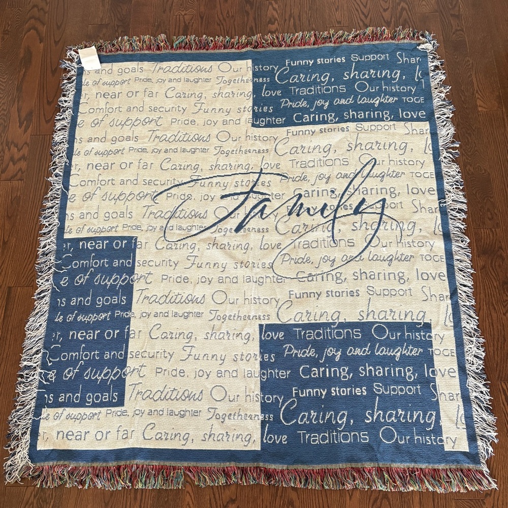 Blue and Off White Celebrate Life Family Tapestry Throw Blanket with Tags